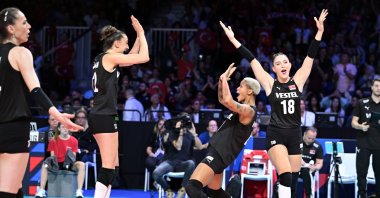 Türkiye&#039;s Sultans of the Net celebrate after beating Poland during the CEV European Championship, Brussels, Belgium, Aug. 30, 2023. (AA Photo)