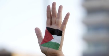 A protester wears a representation of the Palestinian flag at a weekly demonstration in solidarity with residents of the Sheikh Jarrah neighborhood in east Jerusalem, where Palestinian families are under imminent threat of forced displacement from their homes by Israeli settlers, Jan. 7, 2022. (AP Photo)