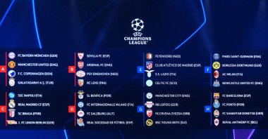 This photograph shows a screen displaying the fixtures for the group stage of the 2023/2024 UEFA Champions League at The Grimaldi Forum in the Principality of Monaco, Aug. 31, 2023. (AFP Photo)