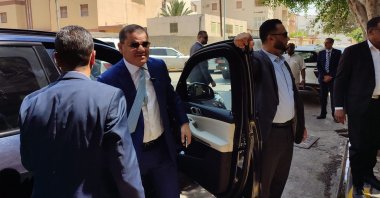 Libyan Prime Minister Abdul Hamid Dbeibah arrives for a visit to the Palestinian Embassy, in Tripoli, Aug. 28, 2023. (AA Photo)