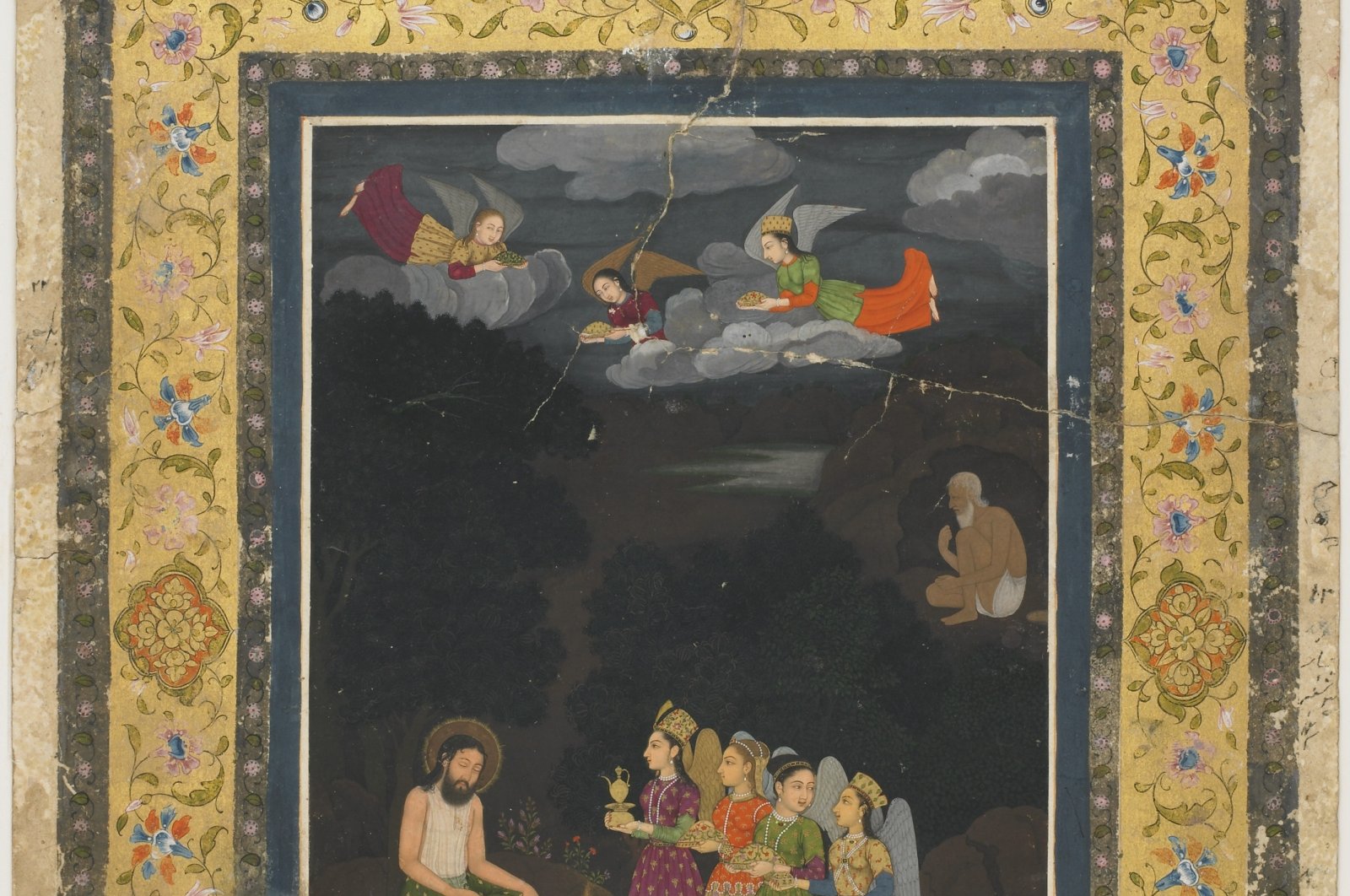 A miniature depicting Sultan Ibrahim ibn Adham of Balkh being visited by angels, drawn by an unknown artist in the early 18th century. (Getty Images Photo)