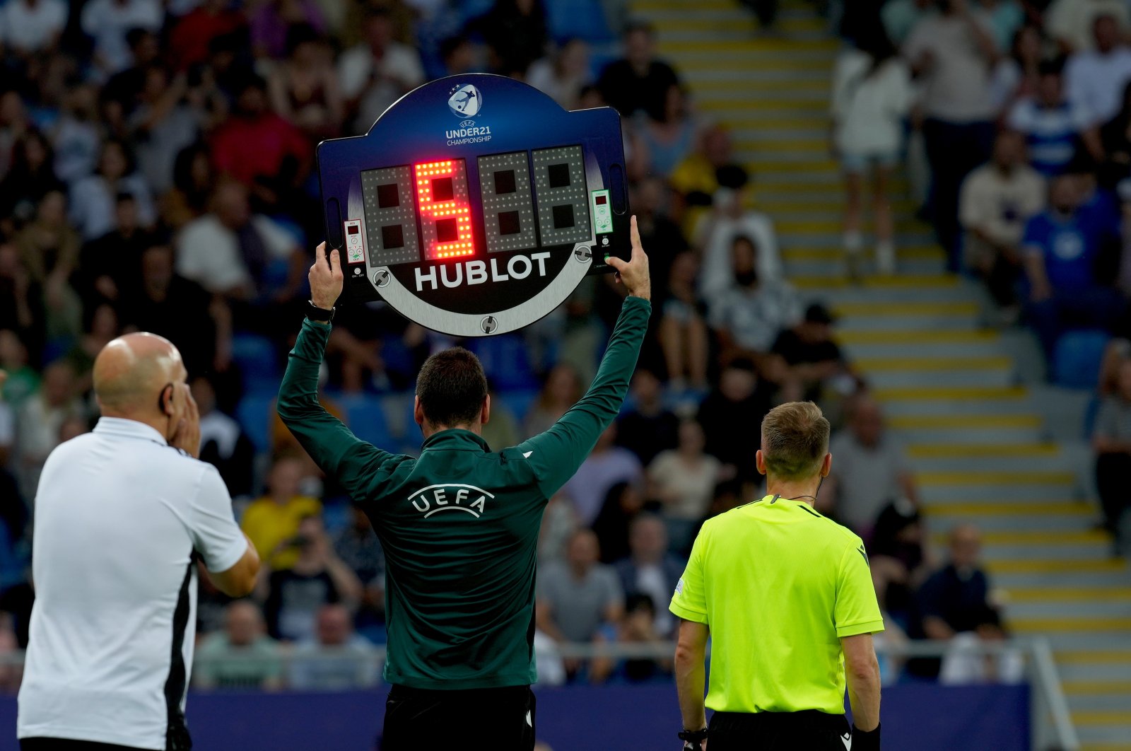 Referee show the Hublot Board with the 5 minutes extra time during the UEFA Under-21 Euro 2023 final match between England and Spain at Batumi Arena, Batumi, Georgia, July 08, 2023. (Getty Images Photo)