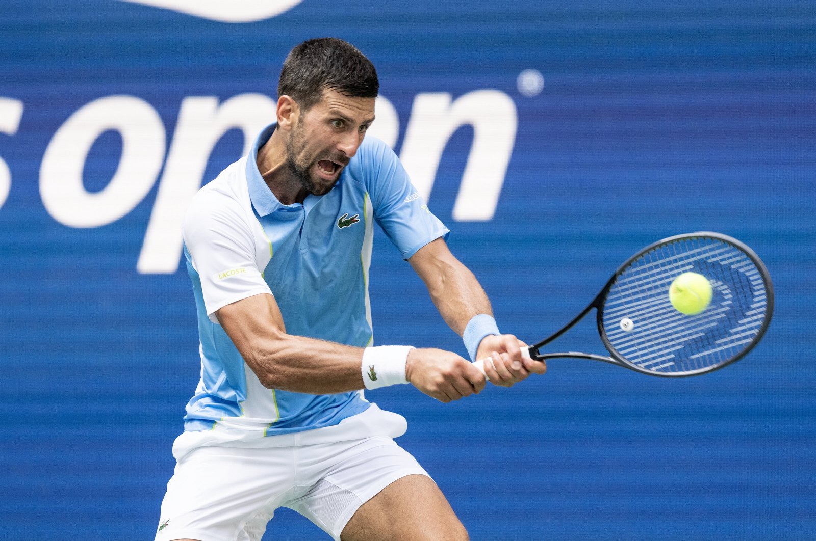 Serbia&#039;s Novak Djokovic hits to Spain&#039;s Bernabe Zapata Miralles on day three of the 2023 U.S. Open tennis tournament at USTA Billie Jean King National Tennis Center, New York, Aug 30, 2023. (AA Photo)