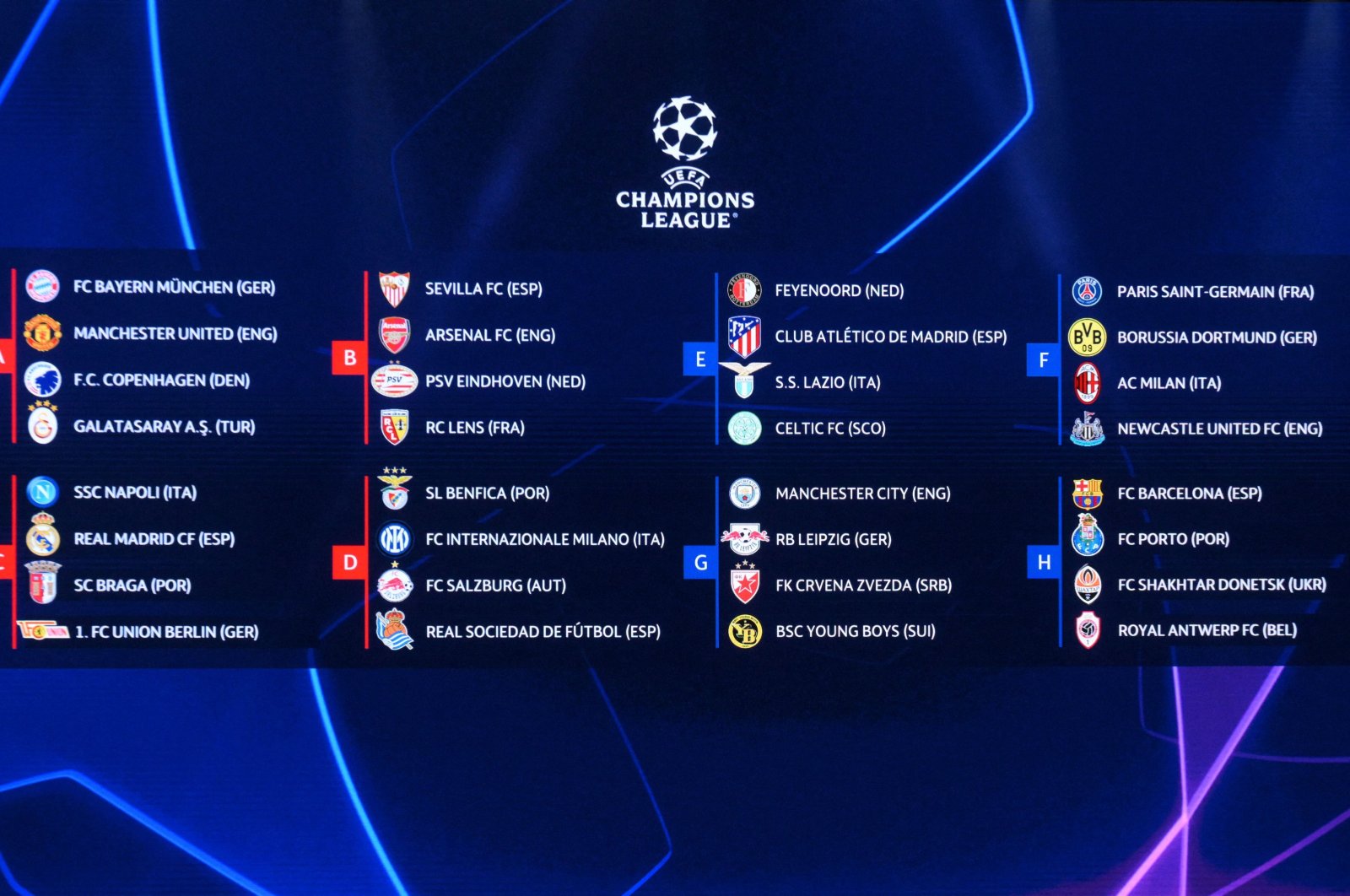 This photograph shows a screen displaying the fixtures for the group stage of the 2023/2024 UEFA Champions League at The Grimaldi Forum in the Principality of Monaco, Aug. 31, 2023. (AFP Photo)