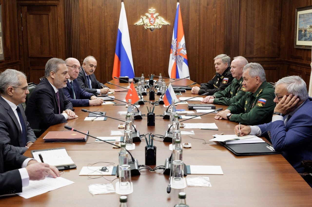 Russian Defense Minister Sergei Shoigu and Turkish Foreign Minister Hakan Fidan attend a meeting in Moscow, Russia Sept. 1, 2023. (Russian Defense Ministry/Handout via Reuters) 