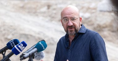  EU Council President Charles Michel speaks to the media during the visit to the flood affected areas at Stahovica pri Kamniku, near Kamnik, Slovenia, Aug. 27, 2023. (Office of Slovenia PM via EPA)