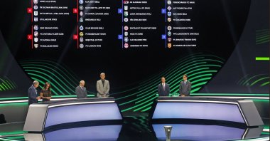 The groups of the UEFA Europa Conference League is shown on an electronic panel during the UEFA Europa Conference League draw at the UEFA European Club Football Season Kick-Off event in Monaco, Sept. 1, 2023. (EPA Photo)