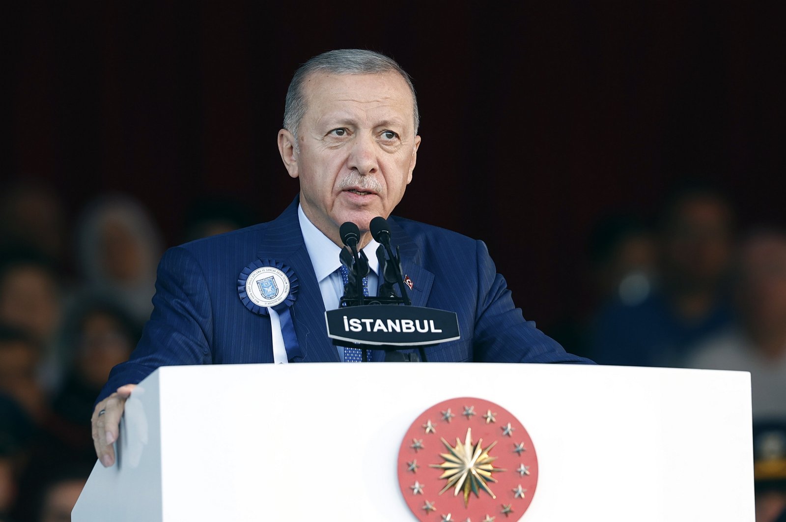 President Recep Tayyip Erdoğan speaks at a graduation ceremony for the Air Force Academy in Istanbul, Türkiye, Aug. 31, 2023. (AA Photo)