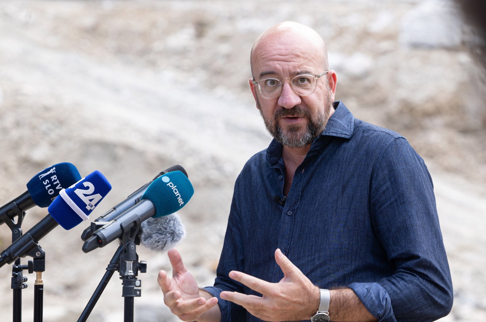  EU Council President Charles Michel speaks to the media during the visit to the flood affected areas at Stahovica pri Kamniku, near Kamnik, Slovenia, Aug. 27, 2023. (Office of Slovenia PM via EPA)