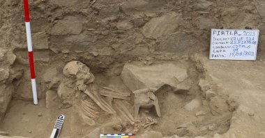 A pre-Hispanic archaeological site dedicated to ancestor worship, discovered with underground burial chambers and human remains with ceramic offerings, Lima, Peru, Sept. 2, 2023. (AFP Photo)