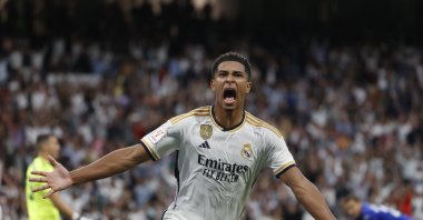 Real Madrid's Jude Bellingham celebrates after scoring the 2-1 goal during the Spanish LaLiga match between Real Madrid and Getafe CF, Madrid, Spain, Sept. 2, 2023. (EPA Photo)