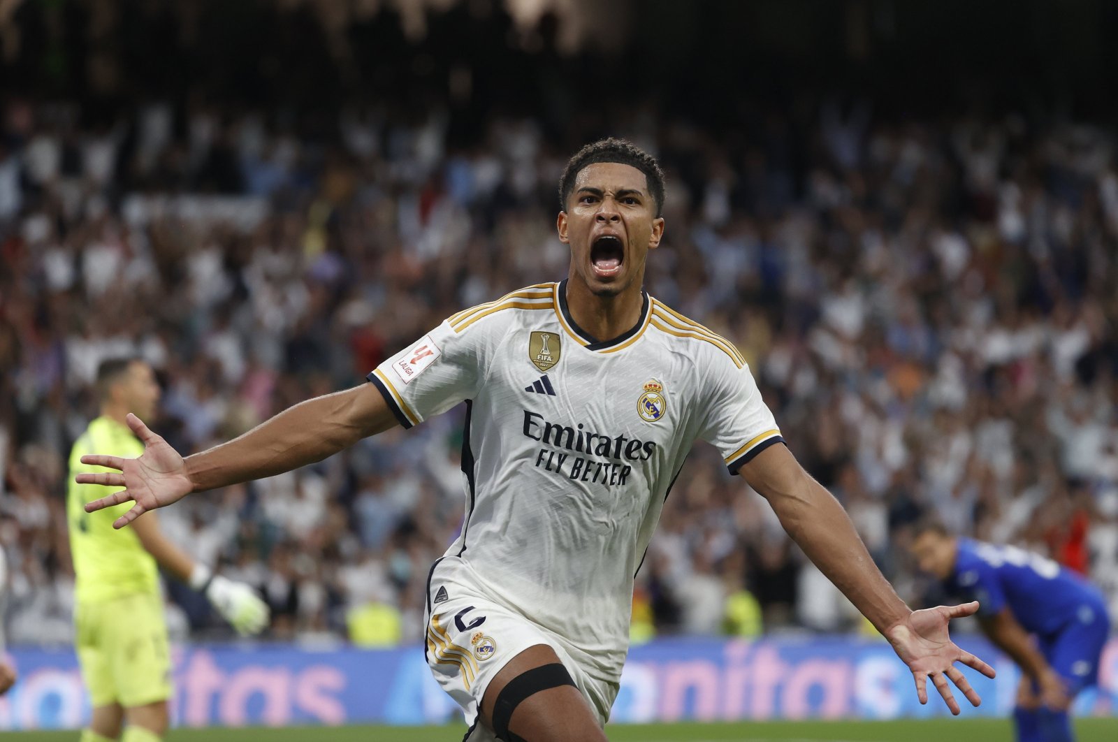 Real Madrid&#039;s Jude Bellingham celebrates after scoring the 2-1 goal during the Spanish LaLiga match between Real Madrid and Getafe CF, Madrid, Spain, Sept. 2, 2023. (EPA Photo)