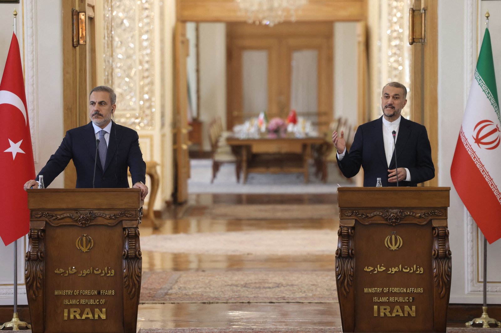Foreign Minister Hakan Fidan (L) and his Iranian counterpart Hossein Amir-Abdollahian hold a joint news conference in Tehran, Iran, Sept. 3, 2023. (AFP Photo)