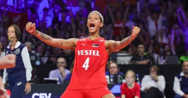 Türkiye's Melissa Vargas reacts during the EuroVolley Women 2023 gold medal match volleyball match against Serbia, Brussels, Belgium, Sept. 3, 2023. (EPA Photo)
