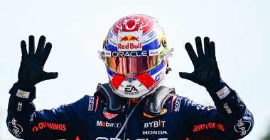 Red Bull Racing's Dutch driver Max Verstappen celebrates after winning the Italian Formula One Grand Prix race at Autodromo Nazionale Monza circuit, Monza, Italy, Sept. 3, 2023. (AFP Photo)