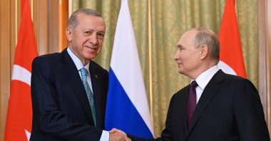 President Recep Tayyip Erdoğan (L) shakes hands with Russian President Vladimir Putin during a meeting in Sochi, Russia, Sept. 4, 2023. (Reuters Photo)