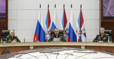 Russian Defense Minister General Sergei Shoigu (C) addresses the meeting of the Collegium of the Russian Defense Ministry in Moscow, Russia, Aug. 9, 2023. (Russian Defense Ministry via EPA)