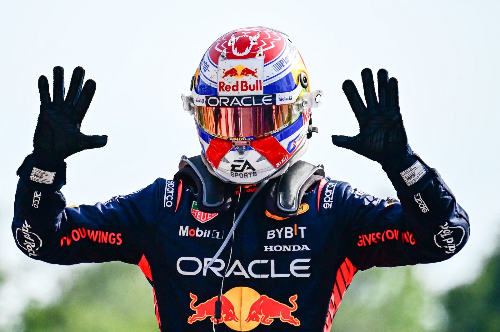 Red Bull Racing&#039;s Dutch driver Max Verstappen celebrates after winning the Italian Formula One Grand Prix race at Autodromo Nazionale Monza circuit, Monza, Italy, Sept. 3, 2023. (AFP Photo)