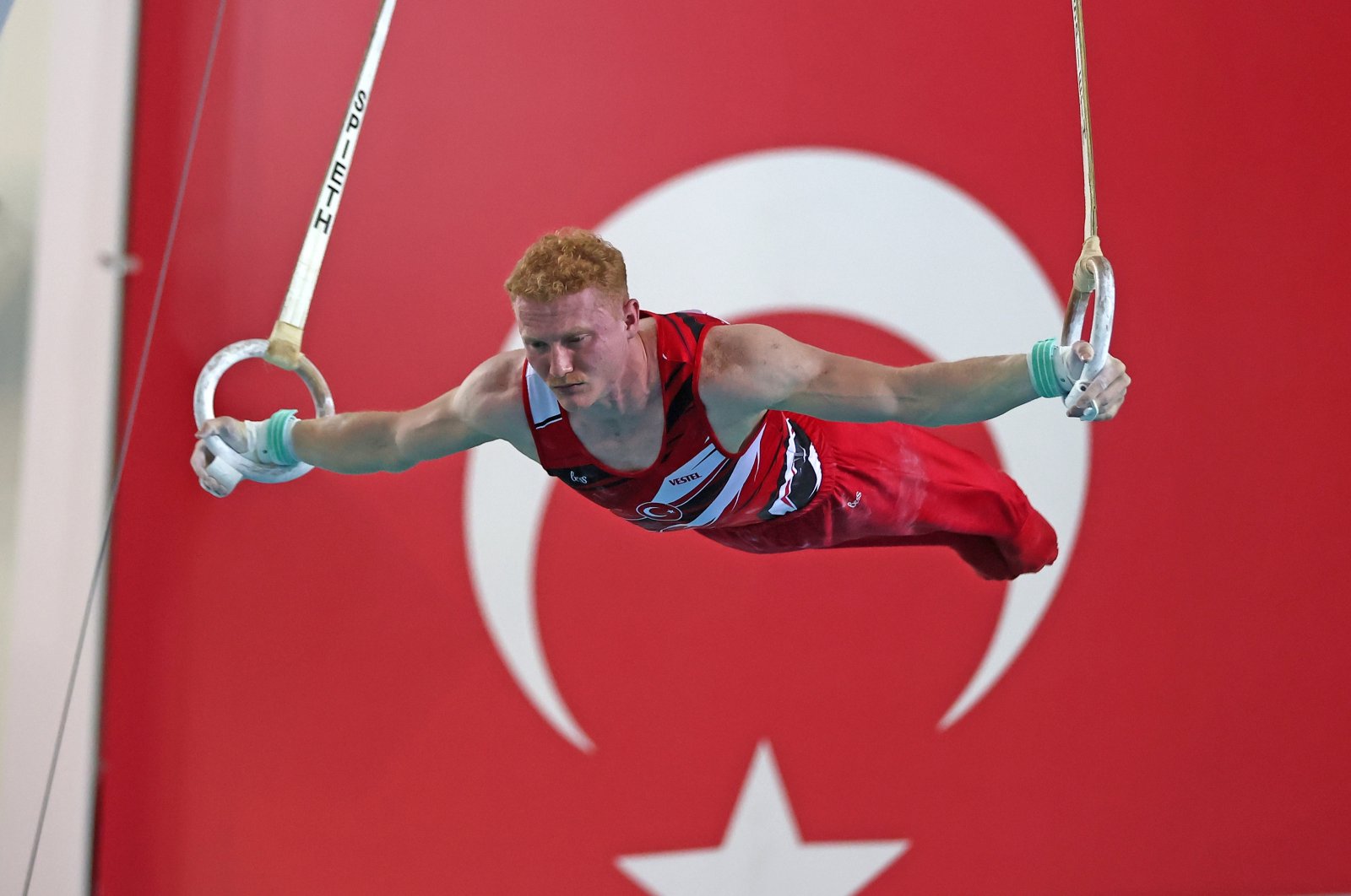 Türkiye&#039;s Mehmet Ayberk Koşak in action during the 6th Artistic Gymnastics World Challenge Cup, Mersin, Türkiye, Sept. 3, 2023. (AA Photo)