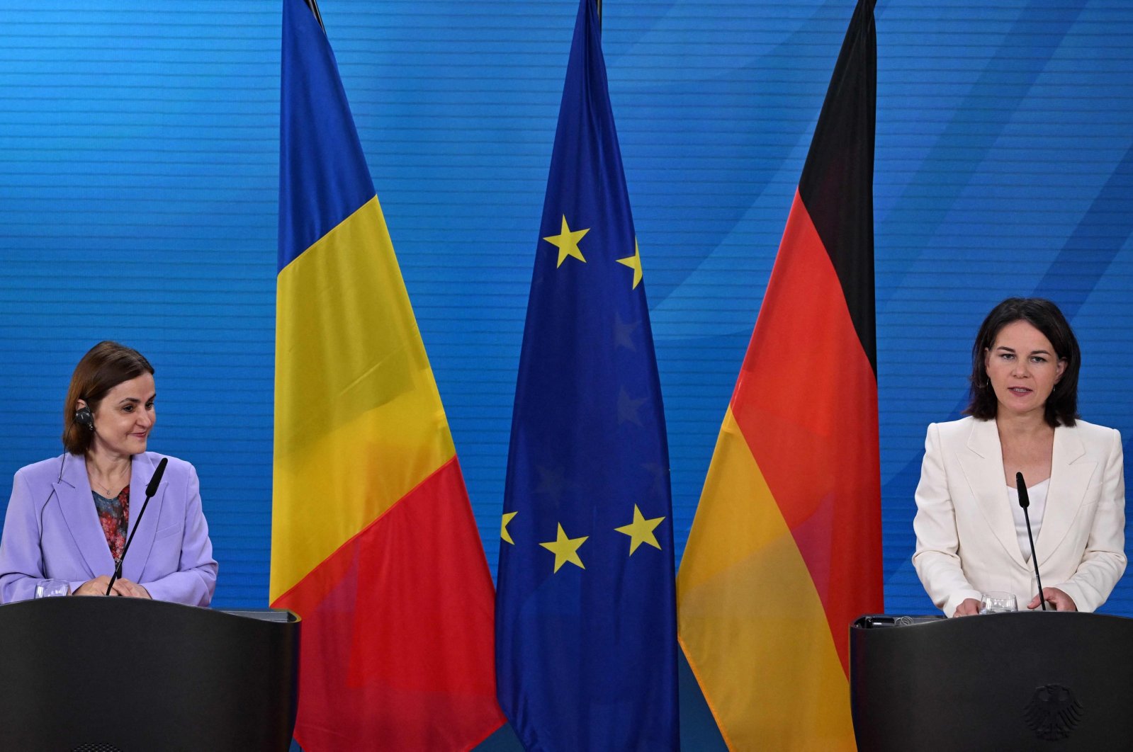 German Foreign Minister Annalena Baerbock (Right) and Romanian Foreign Minister Luminita Odobescu address a news conference at the Foreign Office in Berlin on Sept. 4, 2023. (AFP Photo)