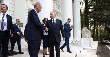 President Recep Tayyip Erdoğan (L) and Russian President Vladimir Putin bid farewell after their talks in Sochi, Russia, Sept. 4, 2023. (Reuters Photo)
