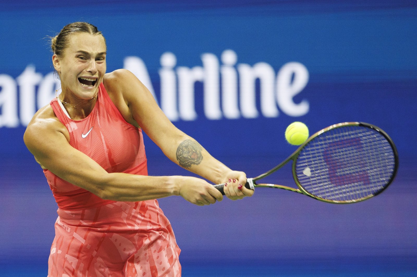 Belarus&#039; Aryna Sabalenka returns the ball to Daria Kasatkina of Russia during their fourth round match at the US Open Tennis Championships at the USTA National Tennis Center in Flushing Meadows, New York, U.S., Sept. 4, 2023. (EPA Photo)