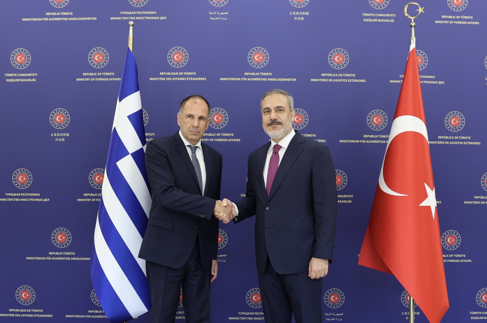 Foreign Minister Hakan Fidan (R) meets his Greek counterpart Giorgos Gerapetritis in Ankara, Türkiye, Sept. 5, 2023. (AA Photo)