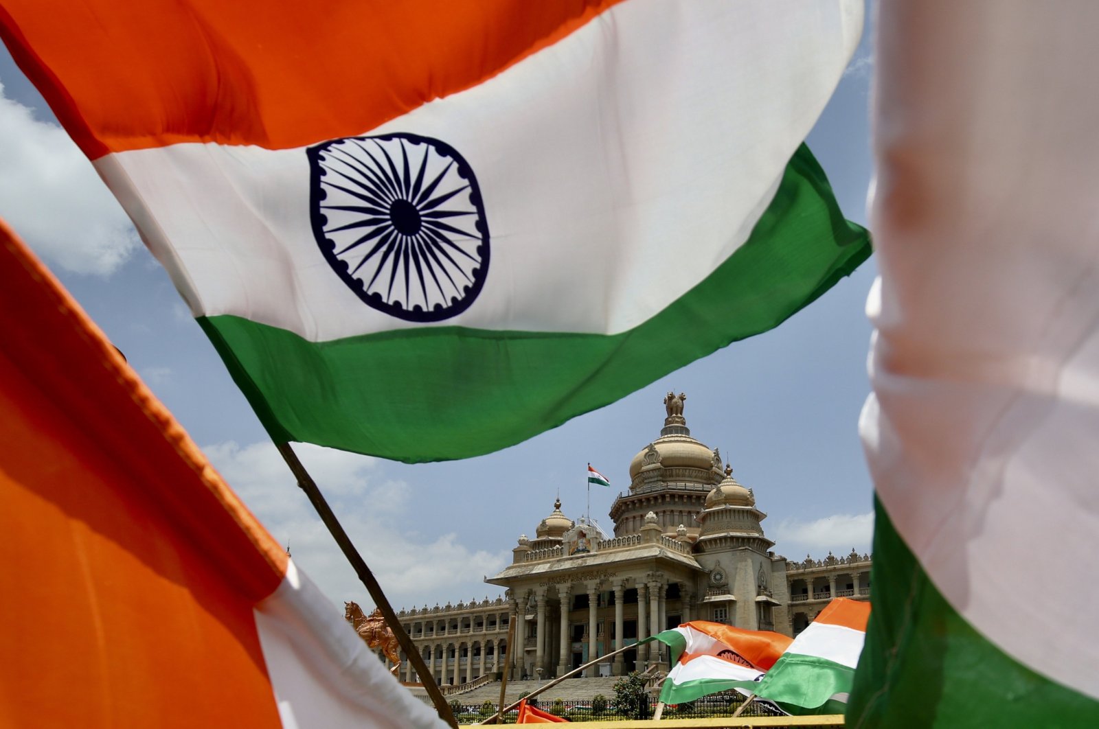An Indian national flag is seen in front of the State Legislature of Karnataka, in Bangalore, India, Aug. 15, 2023. (EPA Photo)