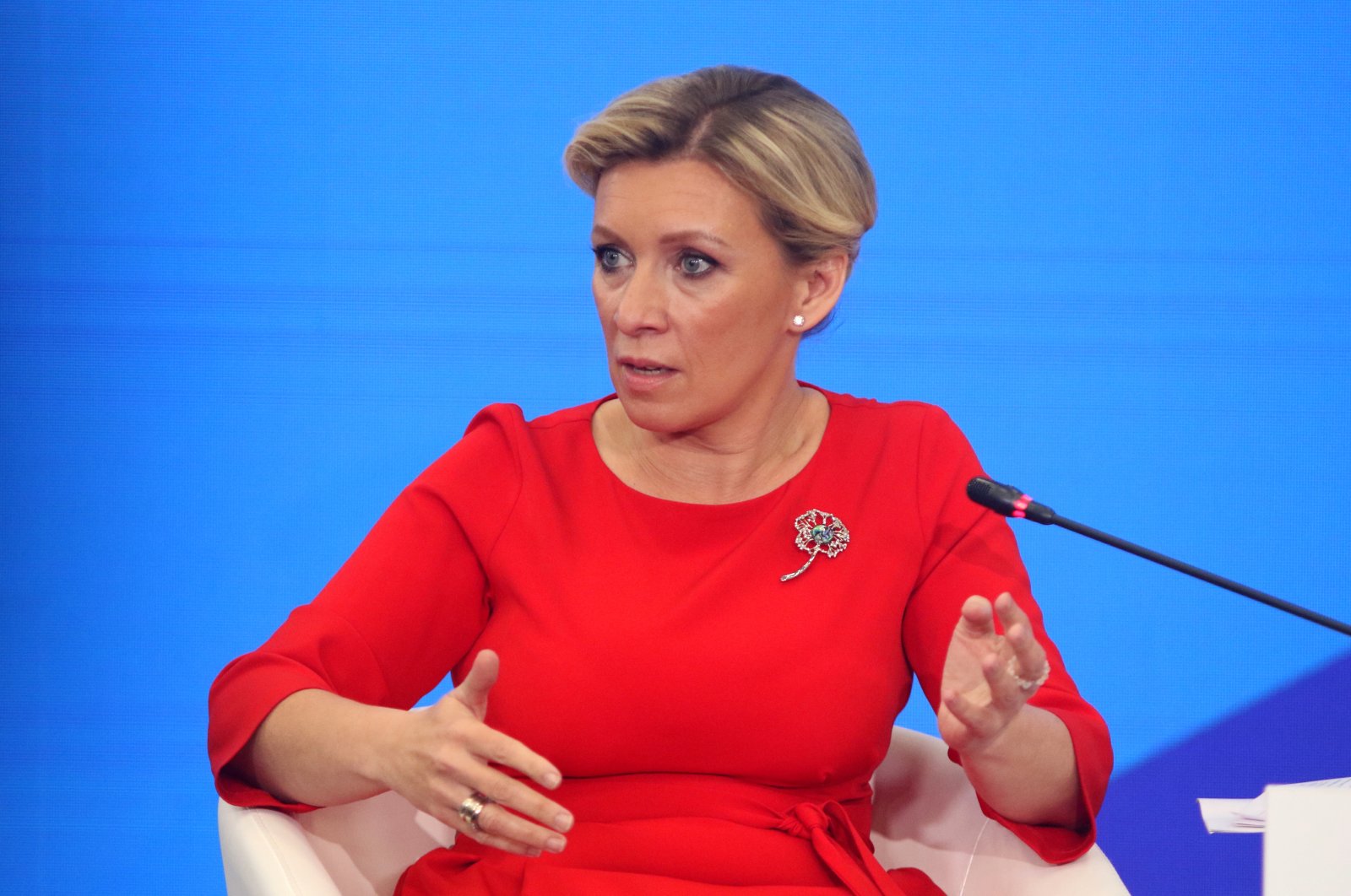 Russia&#039;s Foreign Ministry spokesperson Maria Zakharova speaks at the Second Summit Economic and Humanitarian Forum 2023 in Saint Petersburg. (Reuters Photo)