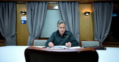 U.S. Secretary of State Antony Blinken works while traveling by train to Kyiv, Ukraine on September 6, 2023.     BRENDAN SMIALOWSKI/Pool via REUTERS
