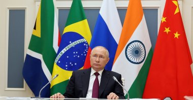 Russian President Vladimir Putin attends the 15th BRICS Summit via video link in Moscow, Russia, Aug. 22 , 2023. (EPA Photo)