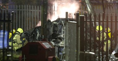 General view of the wreckage of the helicopter belonging to Leicester City owner Vichai Srivaddhanaprabha that crashed outside the King Power Stadium, Leicester, UK., Oct. 27, 2018. (Reuters Photo)