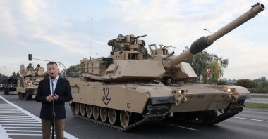 Polish Defense Minister Mariusz Blaszczak speaks during a press conference after the final rehearsal of a parade, prior to the Polish Armed Forces Day, in Warsaw, Poland, Aug. 13, 2023. (EPA Photo)