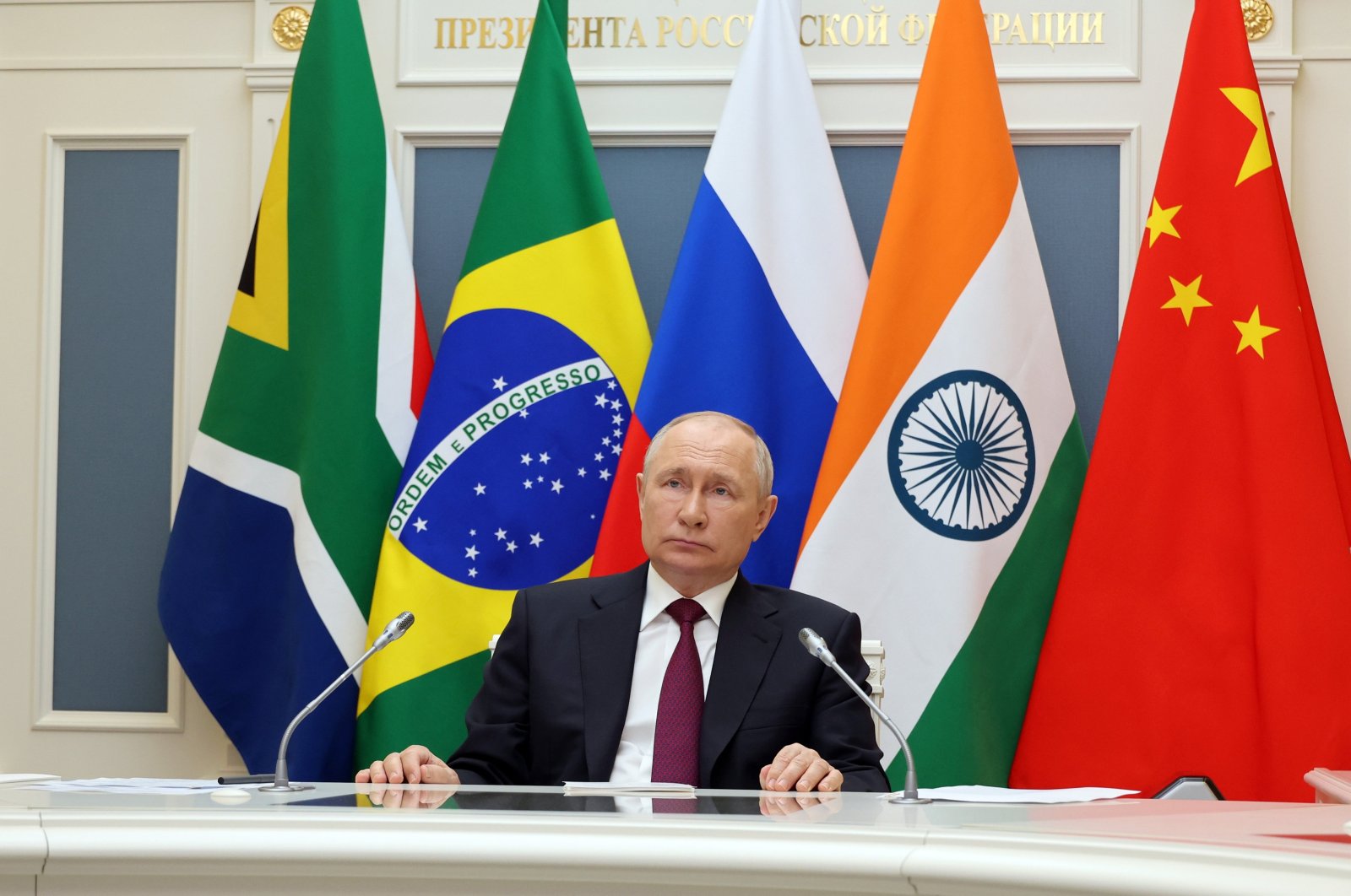 Russian President Vladimir Putin attends the 15th BRICS Summit via video link in Moscow, Russia, Aug. 22 , 2023. (EPA Photo)
