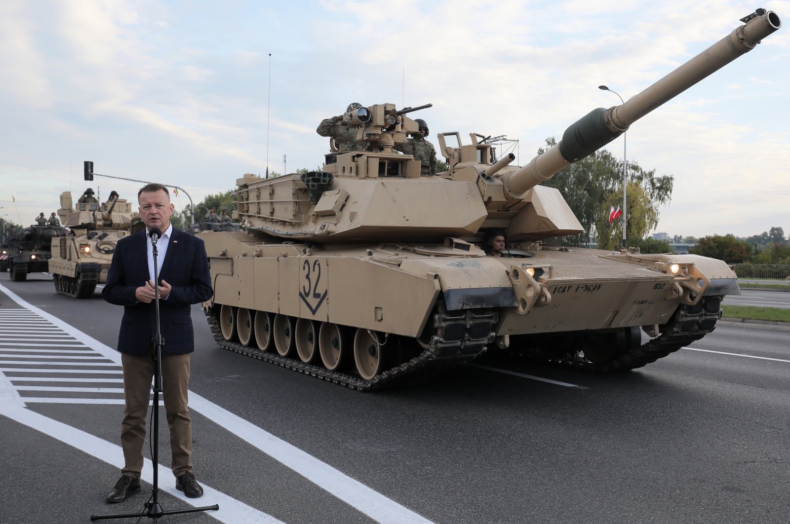 Polish Defense Minister Mariusz Blaszczak speaks during a press conference after the final rehearsal of a parade, prior to the Polish Armed Forces Day, in Warsaw, Poland, Aug. 13, 2023. (EPA Photo)