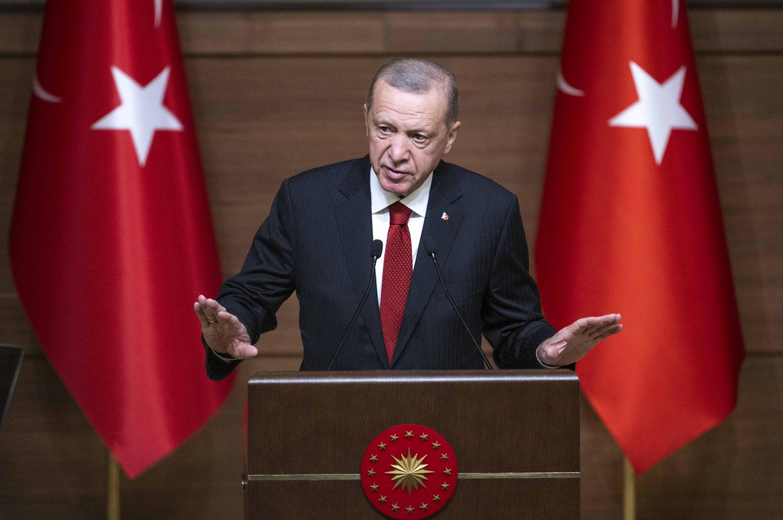 President Recep Tayyip Erdoğan speaks during an event to announce the government&#039;s new medium-term economic program, in Ankara, Türkiye, Sept. 6, 2023. (AA Photo)