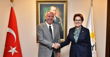 Homeland Party (MP) Chair Muharrem Ince (L) shakes hands with Good Party (IP) Chair Meral Akşener before their meeting, in the capital Ankara, Türkiye, Sept. 6, 2023. (AA Photo)
