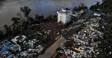An Aerial view of the damage caused by a cyclone which started Monday in Mucum, Rio Grande do Sul State, Brazil, Sept. 6, 2023. (AFP Photo)