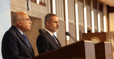 Turkish Foreign Minister Hakan Fidan (R) attends the news conference with his Algerian counterpart Ahmed Attaf, in the capital Ankara, Türkiye, September 7, 2023. (AA Photo) 