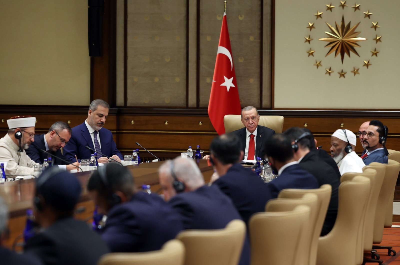 President Recep Tayyip Erdoğan (C) presides over a meeting with a delegation from the U.S. Council of Muslim Organizations (USCMO) in the capital Ankara, Türkiye, Sept. 6, 2023. (AA Photo)