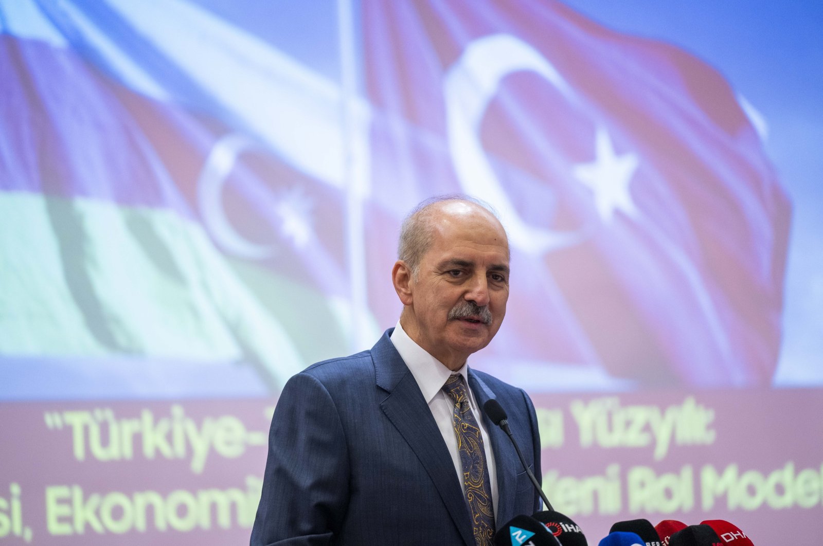 Parliament Speaker Numan Kurtulmuş addresses a joint conference with Azerbaijan on “Century of the Turkic World: New Role Model in Political, Economic Relations” in the capital Ankara, Türkiye, Sept. 7, 2023. (AA Photo)