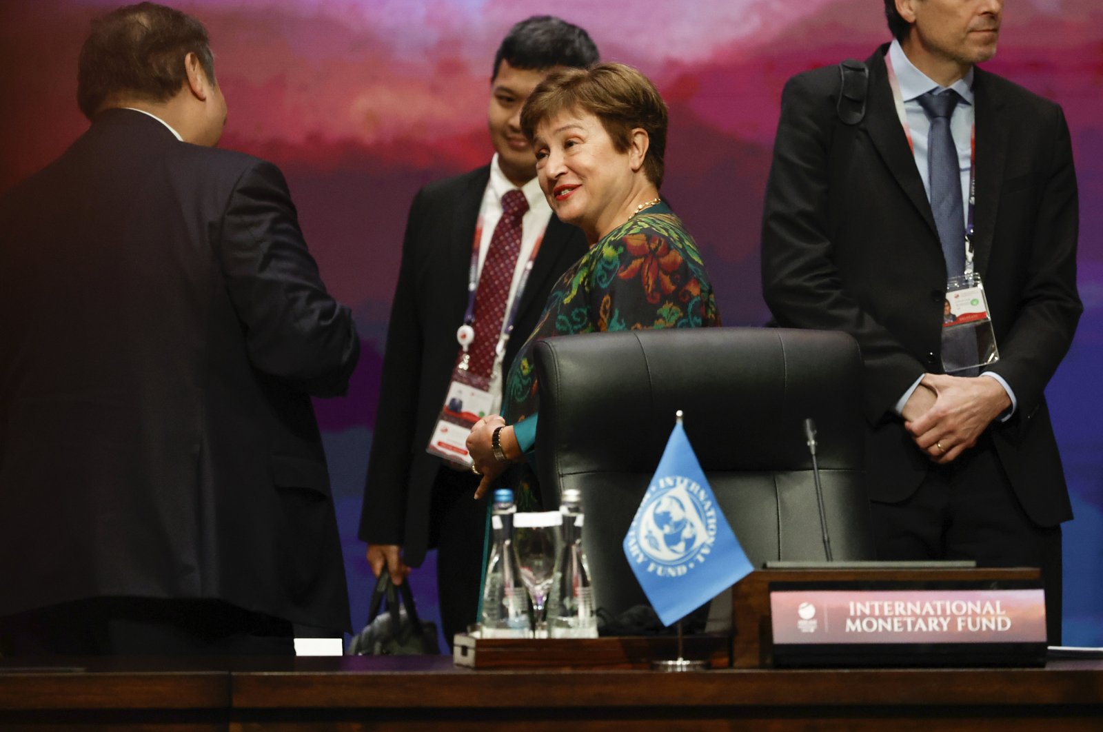 IMF Managing Director Kristalina Georgieva (C) reacts as she talks with Indonesia&#039;s Coordinating Minister for Economic Affairs Airlangga Hartarto (L) during a plenary session of the 43rd Association of Southeast Asian Nations (ASEAN) Summit in Jakarta, Indonesia, Sept. 5, 2023. (EPA Photo)