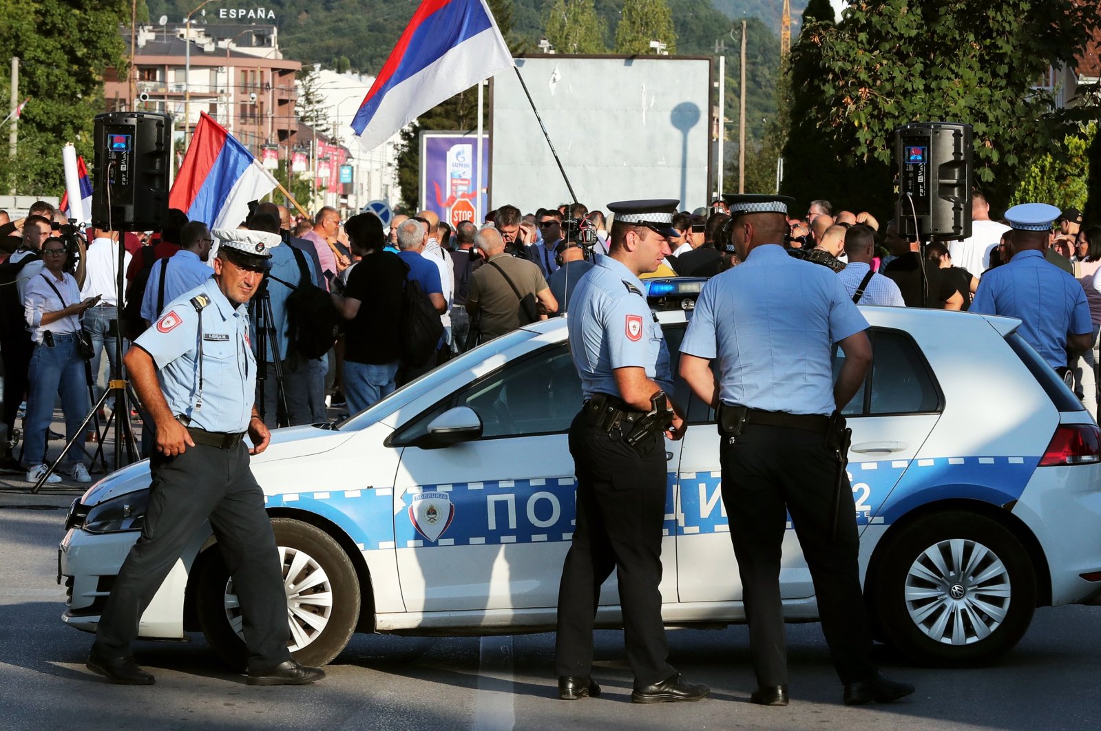 Bosnian Serb policemen stand guard during a protest after the indictment of Milorad Dodik by Bosnia&#039;s Prosecutor&#039;s Office, in East Sarajevo, Bosnia-Herzegovina, Sept. 1, 2023. (EPA Photo)