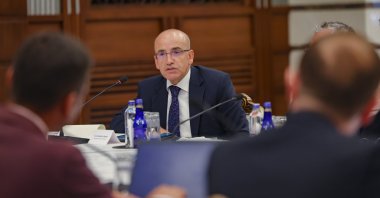 Treasury and Finance Minister Mehmet Şimşek speaks during a meeting with a group of journalists, Ankara, Türkiye, Sept. 8, 2023. (AA Photo)