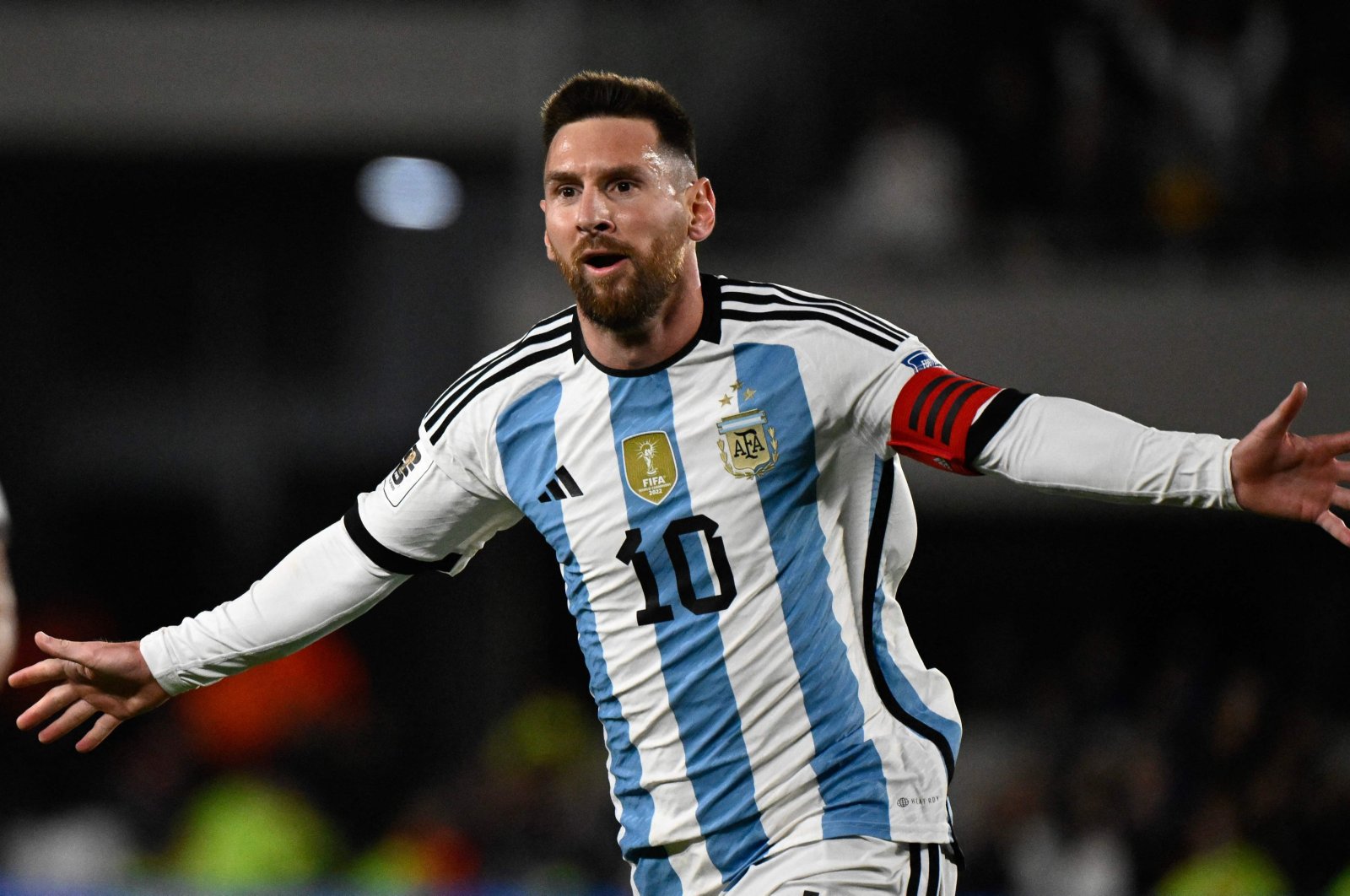 Argentina&#039;s forward Lionel Messi celebrates after scoring a goal during the 2026 FIFA World Cup South American qualifiers football match against Ecuador, at the Mas Monumental stadium, Buenos Aires, Argentina, Sept. 7, 2023. (AFP Photo)