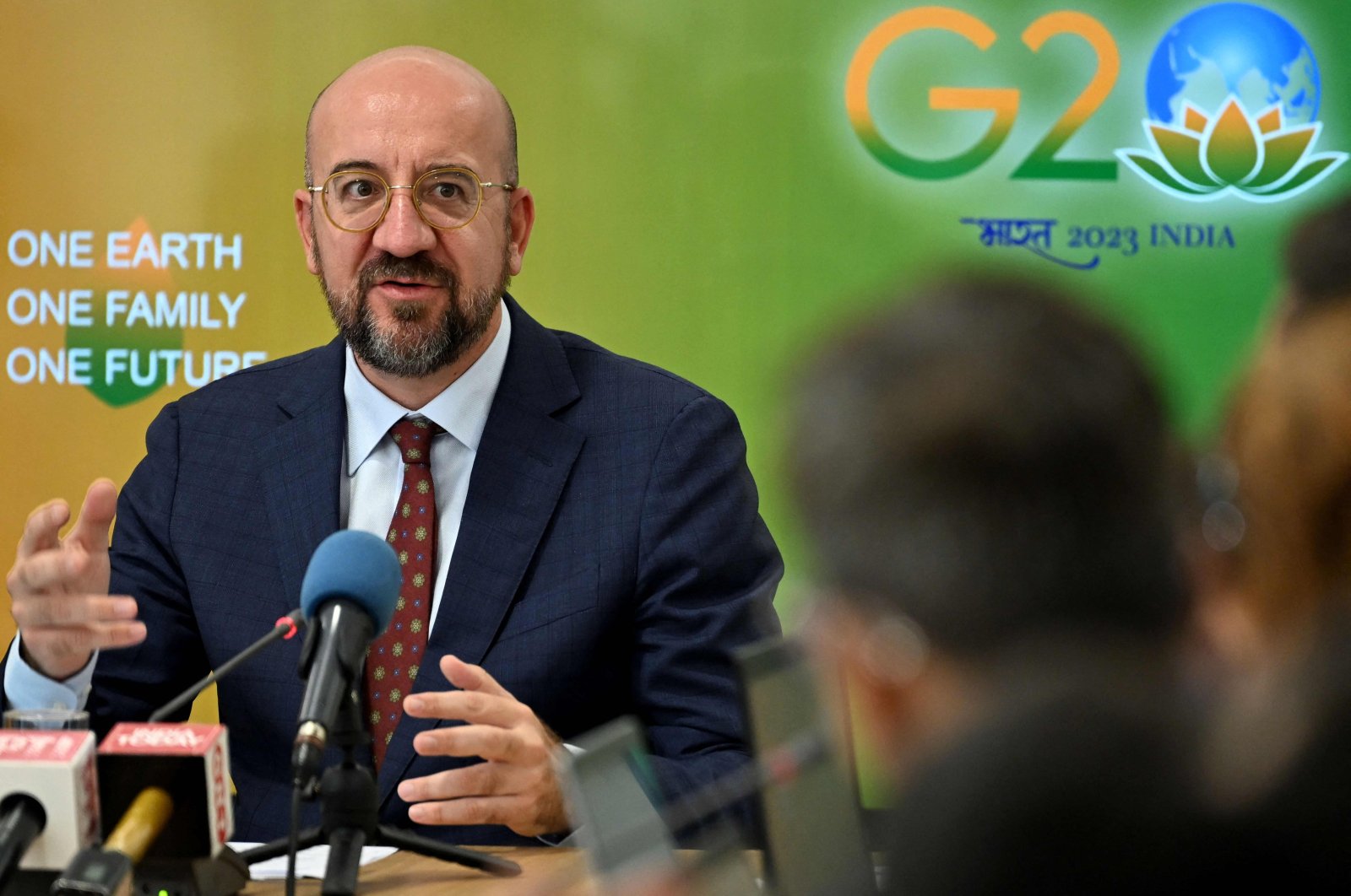 European Council President Charles Michel speaks during a press conference on the eve of G-20 summit in New Delhi, India, Sept. 8, 2023. (AFP Photo)