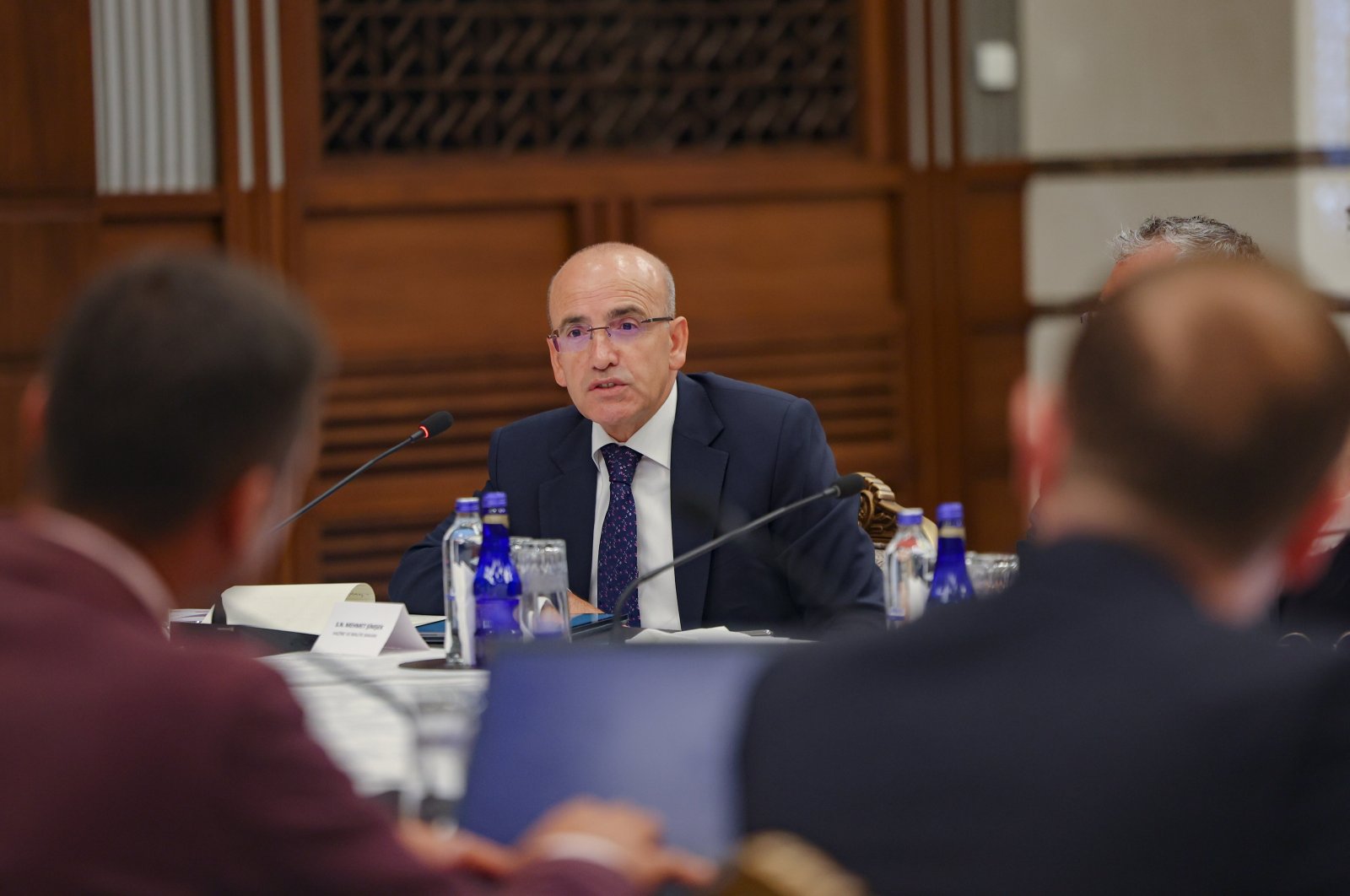 Treasury and Finance Minister Mehmet Şimşek speaks during a meeting with a group of journalists, Ankara, Türkiye, Sept. 8, 2023. (AA Photo)