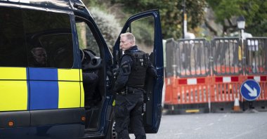 Police patrol in the Chiswick area as the hunt for Daniel Khalife enters its fourth day, in west London, Saturday, Sept. 9, 2023. (AP Photo)