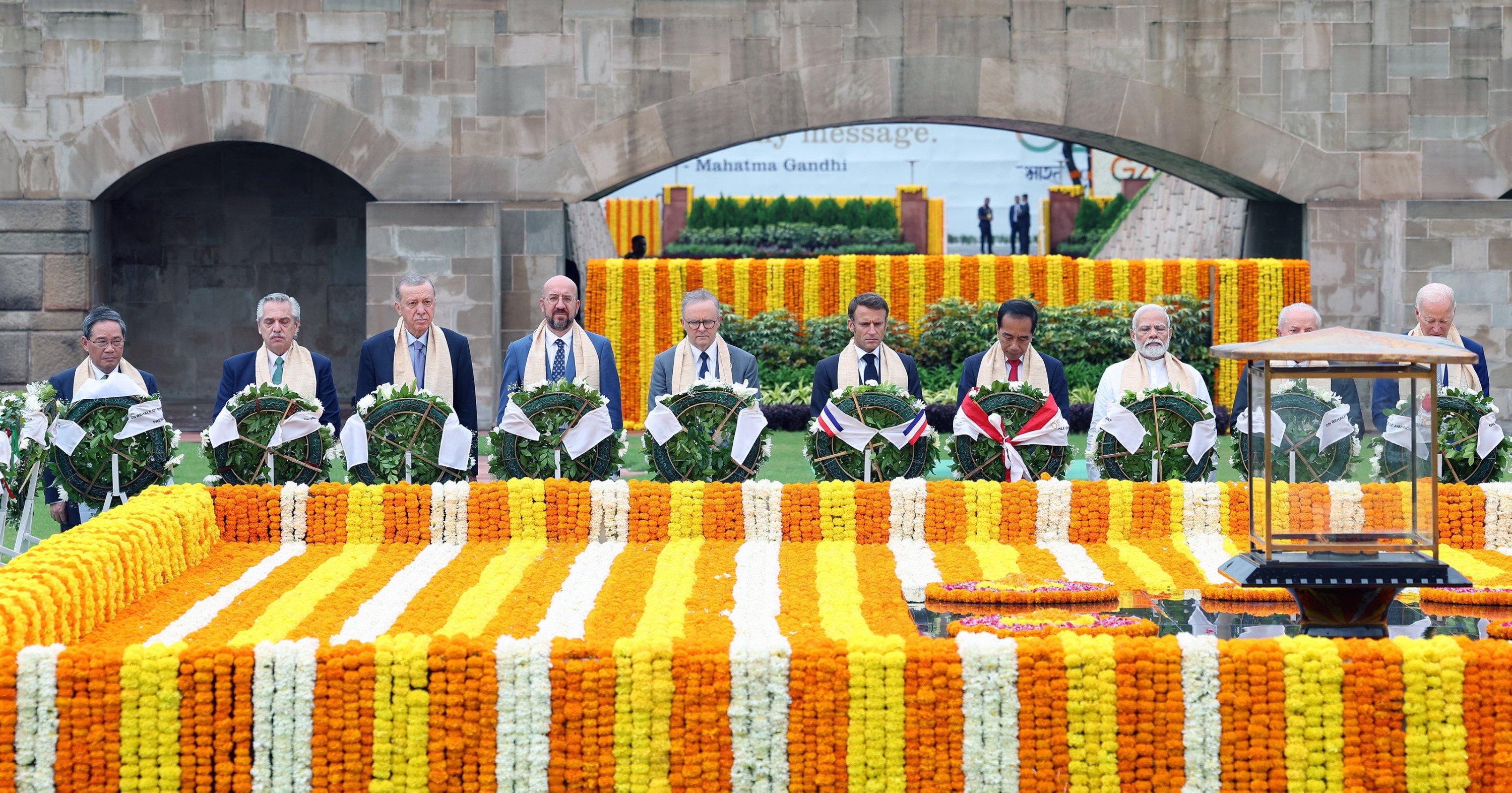 G-20 leaders at the Mahatma Gandhi memorial in New Delhi, India,  Sept. 10, 2023. (AA Photo)