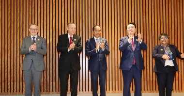 President Recep Tayyip Erdoğan and the leaders of MIKTA member-states hold a meeting in New Delhi, India, Sept. 9, 2023. (AA Photo)